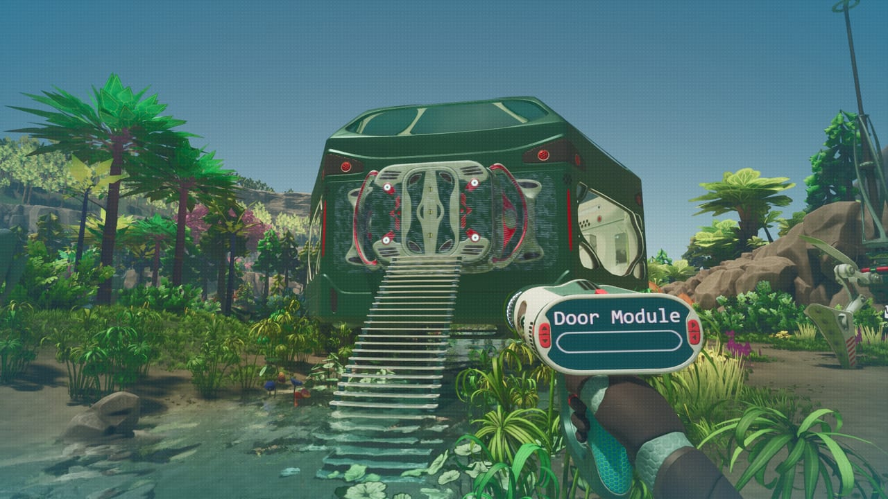 Hennessy exploring a vibrant Sota7 biome with alien trees and colorful flora in Honeycomb: The World Beyond